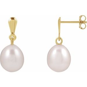 14K Yellow Gold Pair 8-8.5 Cultured Freshwater White Pearl Drop Earrings, Length: 18.796 Mm