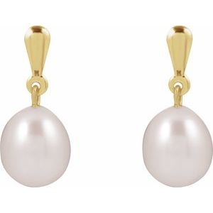 14K Yellow Gold Pair 8-8.5 Cultured Freshwater White Pearl Drop Earrings, Length: 18.796 Mm