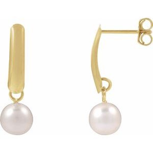 14K Yellow Gold Pair 8-8.5 Cultured Freshwater White Pearl Drop Earrings, Length: 18.796 Mm