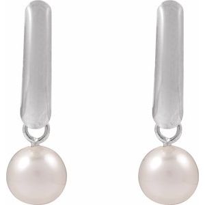 14K White Gold Pair 5.5-6 Cultured Freshwater White Pearl Drop Earrings, Length: 18.796 Mm