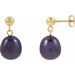 14K Yellow Gold Pair 8-8.5 Cultured Freshwater Black Pearl Drop Earrings, Length: 18.796 Mm