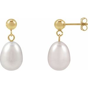14K Yellow Gold Pair 8-8.5 Cultured Freshwater White Pearl Drop Earrings, Length: 18.796 Mm