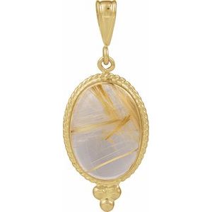 14K Yellow Gold Oval 14 X 10 Mm Natural Rutilated Quartz Cabochon Pendant