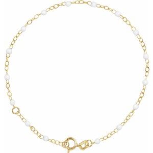 14K Yellow Gold White 6-7 In 2 Mm Enamel Bead Adjustable Chain