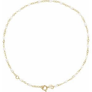 14K Yellow Gold White 9-10 In 2 Mm Enamel Bead Adjustable Chain