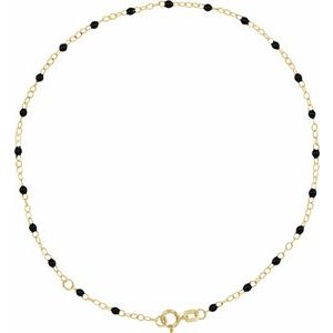 14K Yellow Gold Black 9-10 In 2 Mm Enamel Bead Adjustable Chain
