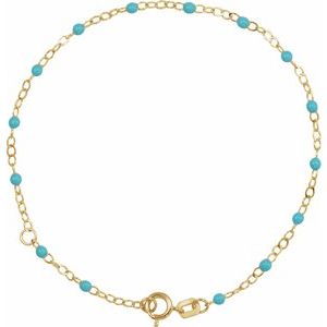 14K Yellow Gold Turquoise 6-7 In 2 Mm Enamel Bead Adjustable Chain