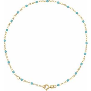14K Yellow Gold Turquoise 9-10 In 2 Mm Enamel Bead Adjustable Chain