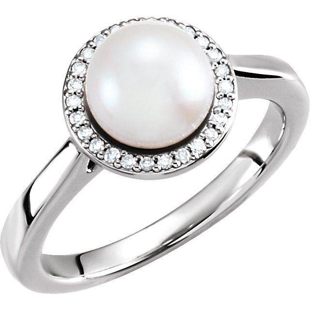 14K White Gold 7.5-8.0 Mm Polished Cultured Freshwater Pearl And .06 Ctw Natural Diamond Ring, Size 7