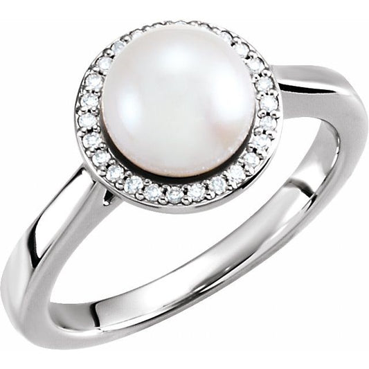 14K White Gold 7.5-8.0 Mm Polished Cultured Freshwater Pearl And .06 Ctw Natural Diamond Ring, Size 7