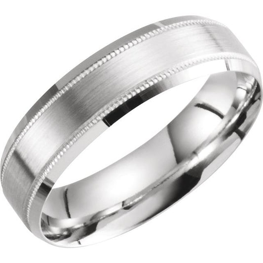 14K White Gold 6 Mm Polished Beveled Edge Comfort-Fit Milgrain Band With Satin Finish, Size 9
