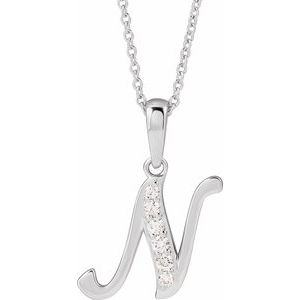14K White Gold Initial N Round G-H I1 1/10 Ctw Natural Diamond Initial Necklace, Length: 18 In