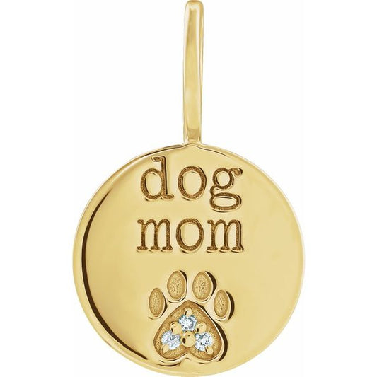 14K Yellow Or White Gold Or Sterling Silver Dog Mom Round 1 Mm I1, G-H Polished .01 Ctw Natural Diamond Engraved Paw Print Charm/Pendant
