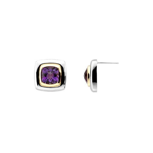 Sterling Silver Cushion Pair 8 X 8 Mm Friction Bezel Polished Checkerboard Natural Amethyst Earrings