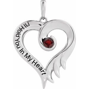 Sterling Silver Round 3 Mm Natural Mozambique Garnet Heart Pendant With Engraving I'll Hold You In My Heart