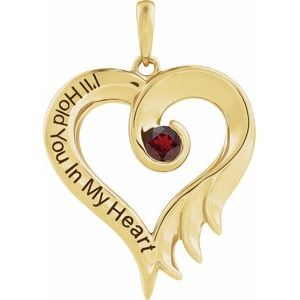 14K Yellow Gold Round 3 Mm Natural Mozambique Garnet Heart Pendant With Engraving I'll Hold You In My Heart