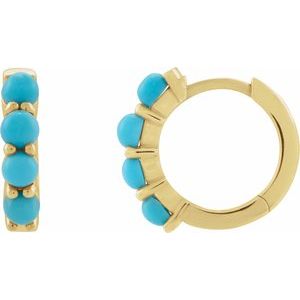 14K Yellow Gold Pair Round Shape 3 Mm Natural Turquoise Cabochon Hinged Hoop Earrings, Length: 14.7 Mm, Thickness: 3 Mm