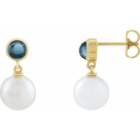 14K Yellow Gold 8 Mm Friction Backs Polished Cultured Freshwater Pearl And Natural London Blue Topaz Cabochon Drop Earrings