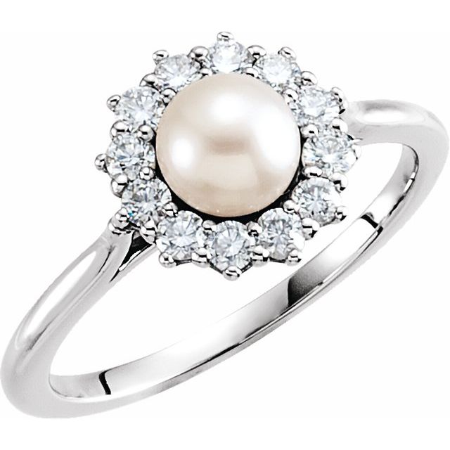 14K Yellow Or White Gold 6 Mm Polished Cultured White Freshwater Pearl And 3/8 Ctw Natural Diamond Halo-Style Ring, Size 7