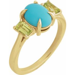 14K Yellow Gold Oval 9 X 7 Mm Natural Turquoise Cabochon And Natural Peridot Claw Prong Ring Size 7