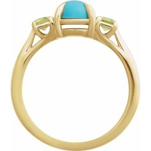 14K Yellow Gold Oval 9 X 7 Mm Natural Turquoise Cabochon And Natural Peridot Claw Prong Ring Size 7