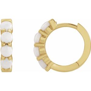 14K Yellow Gold Pair Round Shape 3 Mm Natural White Opal Cabochon Hinged Hoop Earrings, Length: 14.7 Mm, Thickness: 3 Mm