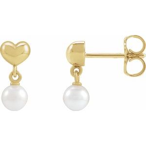 14K Yellow Gold Pearl Shape 4 Mm Freshwater Pearl Youth Heart Drop Earrings