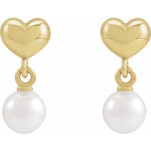 14K Yellow Gold Pearl Shape 4 Mm Freshwater Pearl Youth Heart Drop Earrings