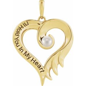 14K Yellow Gold Round 3 Mm Freshwater Pearl Heart Pendant With Engraving I'll Hold You In My Heart