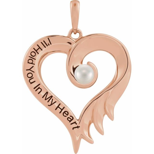 14K Rose Gold 3 Mm Polished Cultured Freshwater Pearl Heart Pendant With Engraving I'll Hold You In My Heart