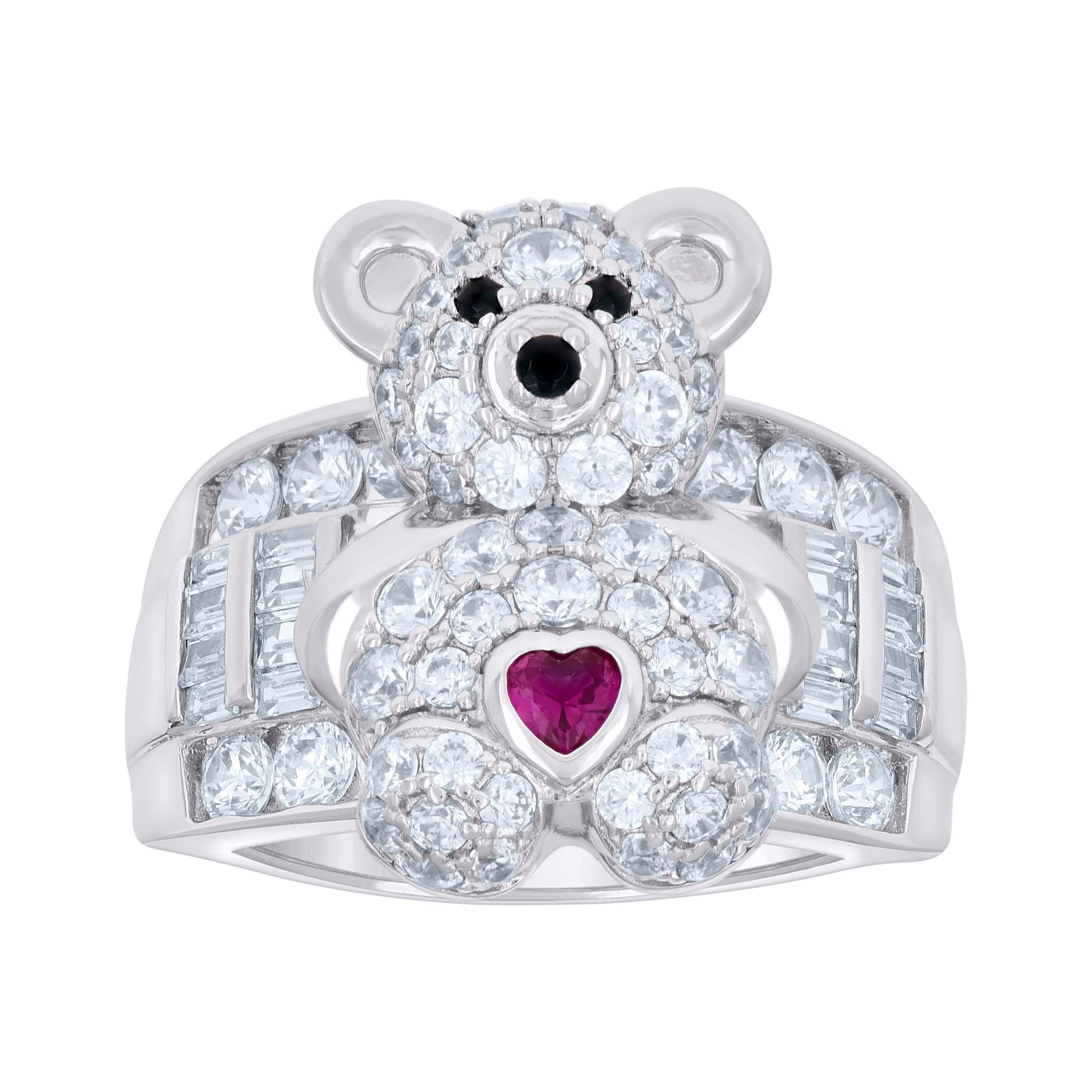 Sterling Silver Womens Pink/Black White Baguette/Heart Round Cubic-Zirconia Teddy Bear Heart Bridal Anniversary Wedding Engagement Band Ring