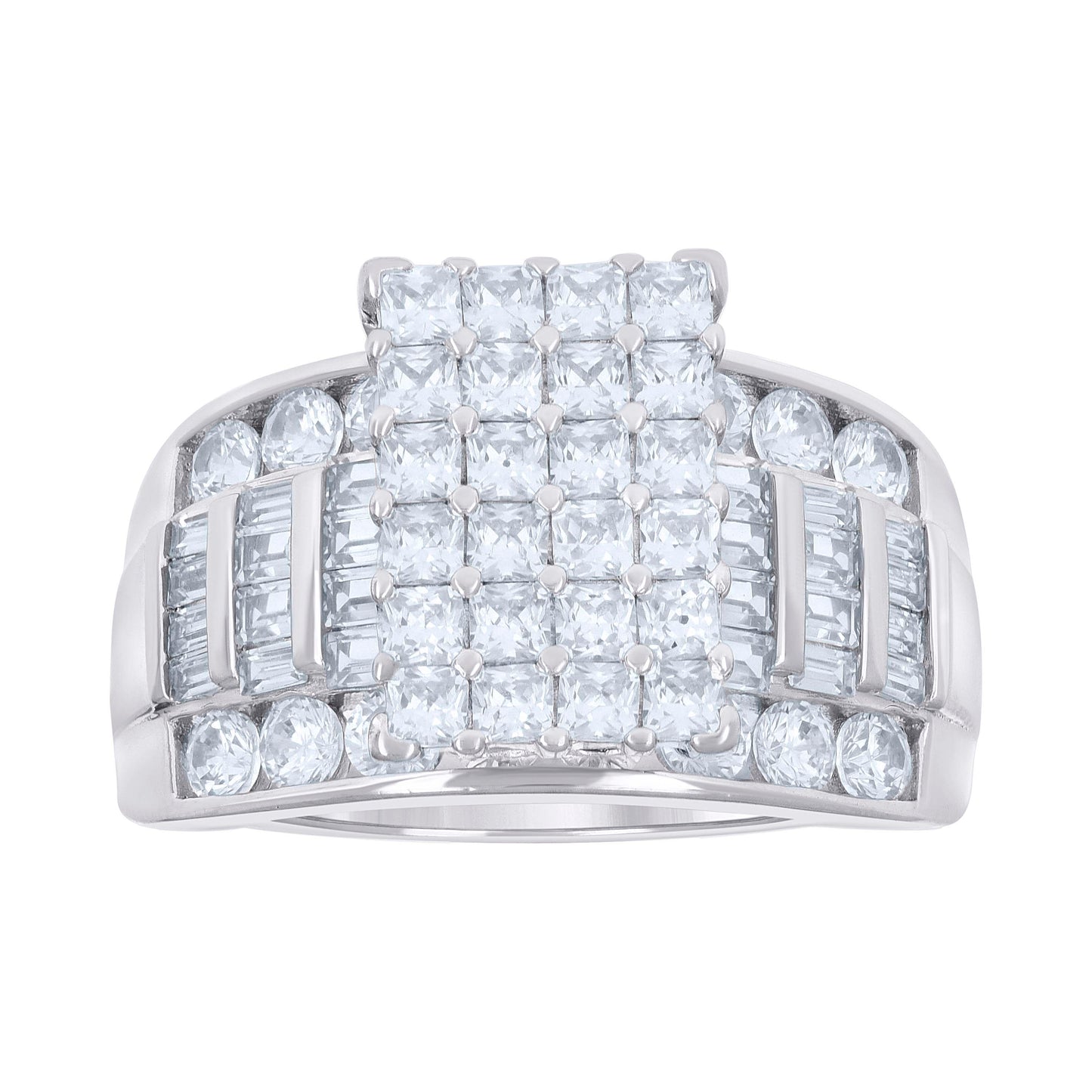 Sterling Silver Womens Baguette/Princess-cut Round Cubic-Zirconia Fashion Bridal Anniversary Wedding Engagement Band Ring