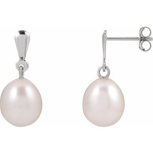 14K White Gold Pair 8-8.5 Cultured Freshwater White Pearl Drop Earrings, Length: 18.796 Mm