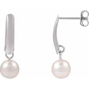 14K White Gold Pair 5.5-6 Cultured Freshwater White Pearl Drop Earrings, Length: 18.796 Mm