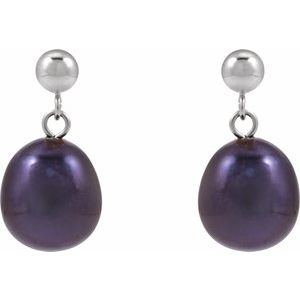 14K White Gold Pair 8-8.5 Cultured Freshwater Black Pearl Drop Earrings, Length: 18.796 Mm