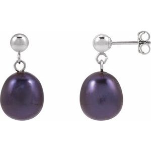 14K White Gold Pair 8-8.5 Cultured Freshwater Black Pearl Drop Earrings, Length: 18.796 Mm