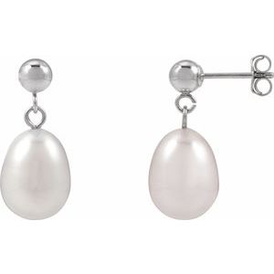 14K White Gold Pair 8-8.5 Cultured Freshwater White Pearl Drop Earrings, Length: 18.796 Mm