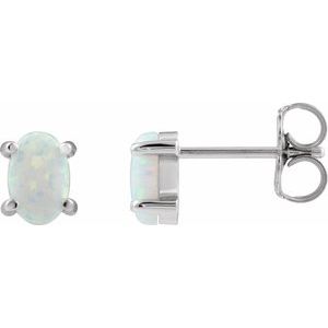 14K White Gold Oval Shape 6 X 4 Mm Lab-Grown White Opal Cabochon 4-Prong Stud Earrings