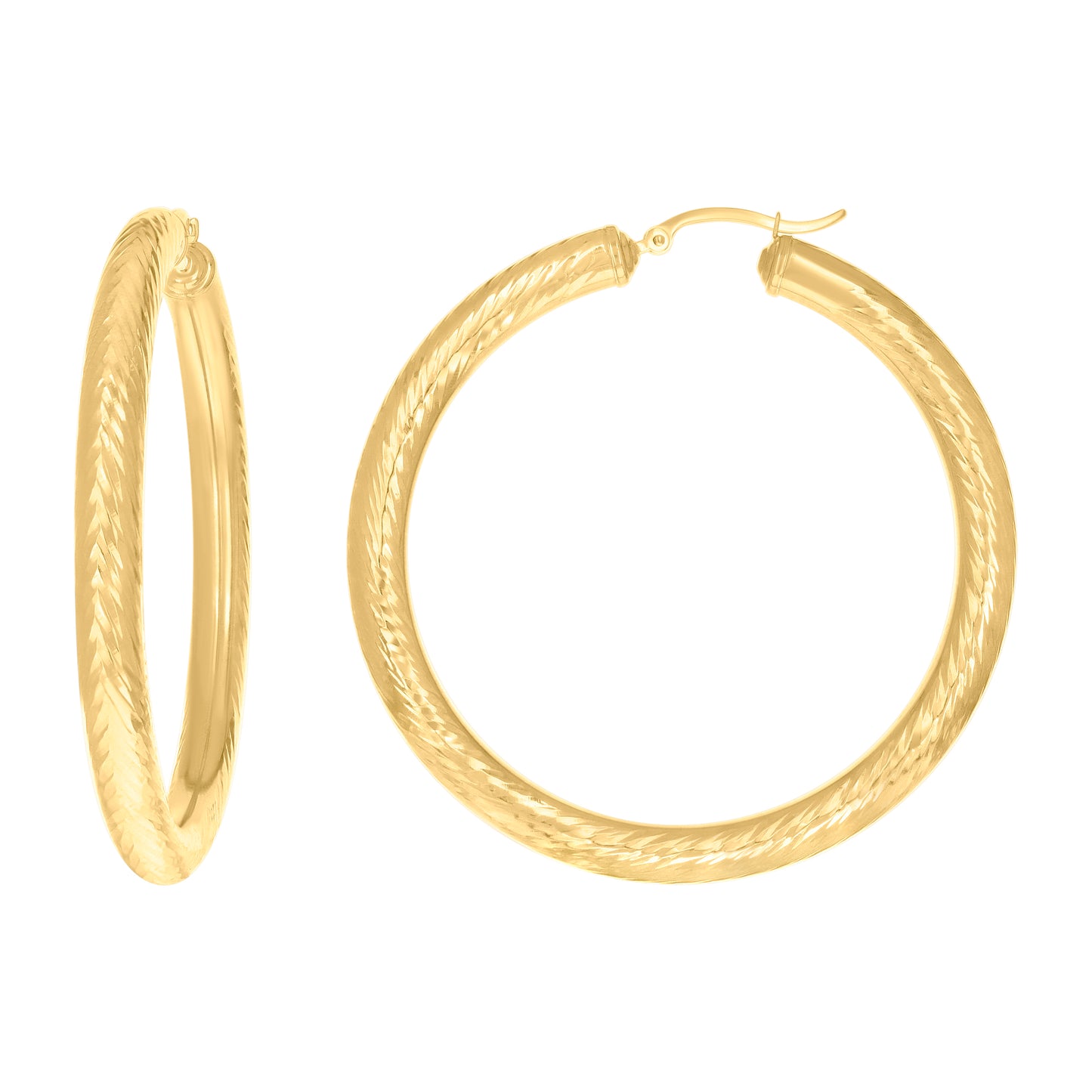 10K Yellow Gold Womens Round Tube Diamond-cut Patterned Fancy Hoop Earrings