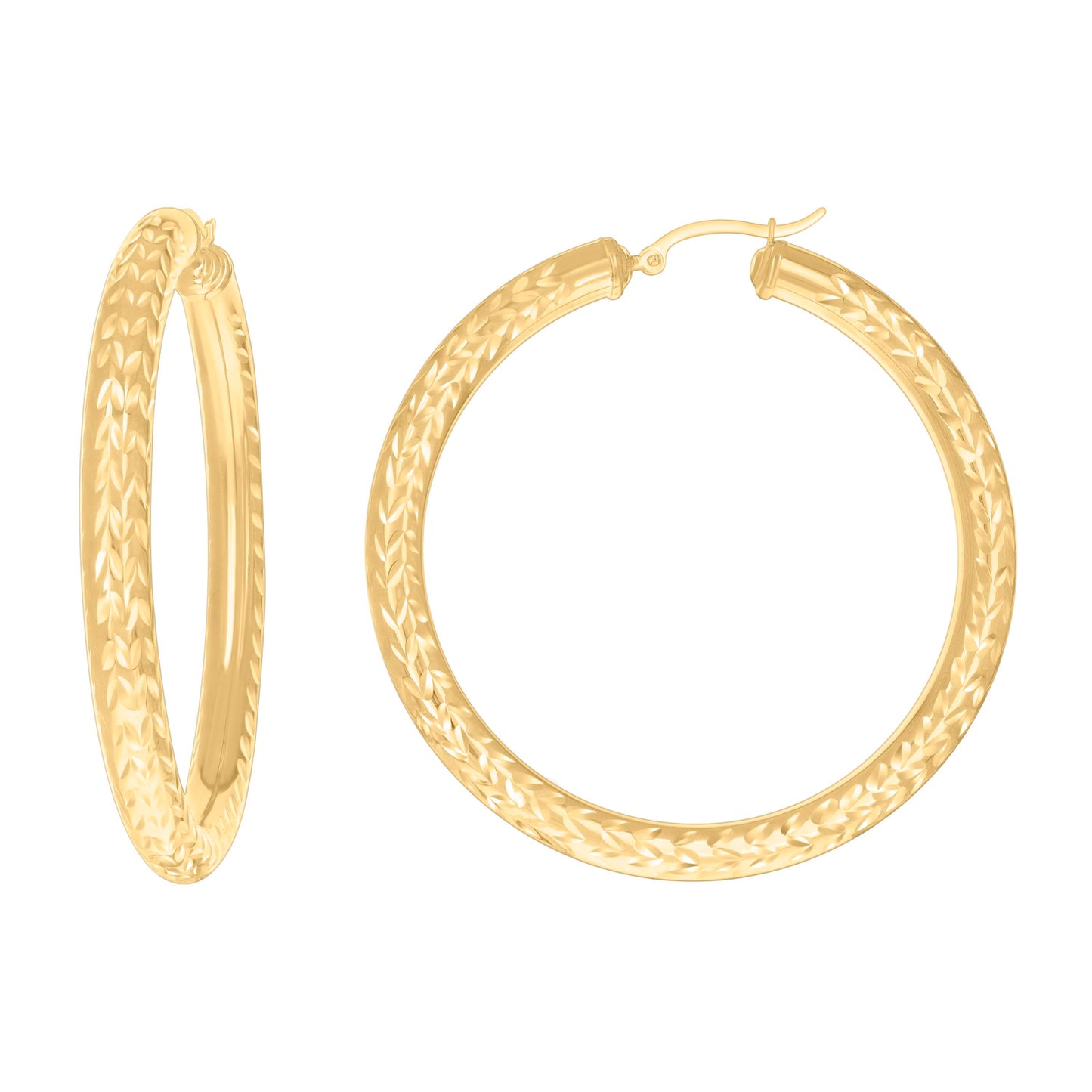 10K Yellow Gold Womens Round Tube Diamond-cut Patterned Fancy Hoop Earrings