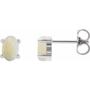 14K White Gold Oval Shape 6 X 4 Mm Natural White Opal Cabochon 4-Prong Stud Earrings