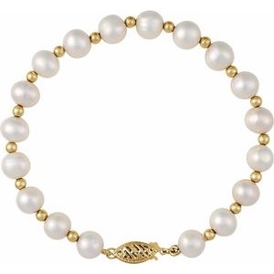 14K Yellow Gold Pearl 7-8 Mm  Cultured White Freshwater Pearl Bracelet, Length: 7.25 In
