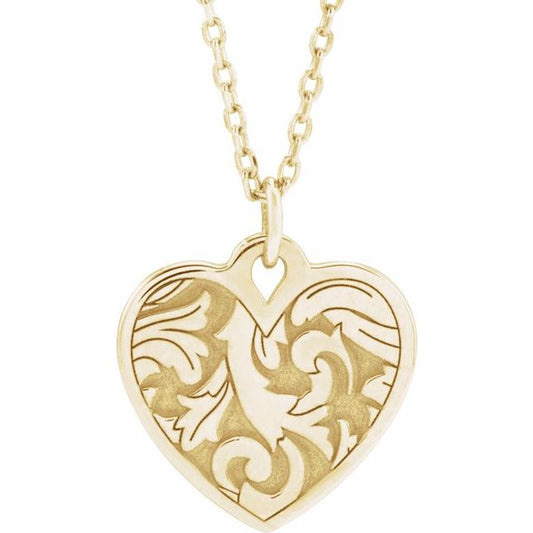 14K Yellow Gold 15.5 X 12.9 Mm 16-18 In Polished Engravable Floral Heart Necklace