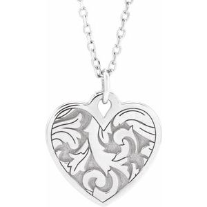 14K White Gold 15.5 X 12.9 Mm 16-18 In Polished Engravable Floral Heart Necklace