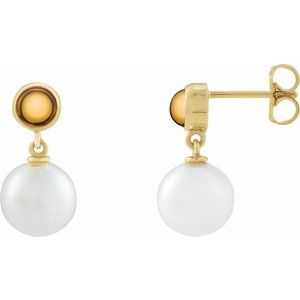 14K Yellow Gold Pearl 8 Mm Cultured Pearl And Natural Citrine Cabochon Drop Earrings