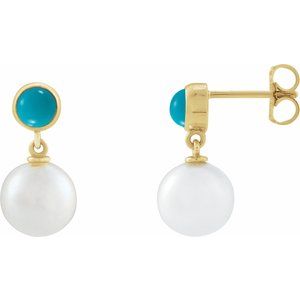 14K Yellow Gold Pearl 8 Mm Cultured Pearl And Natural Turquoise Cabochon Drop Earrings