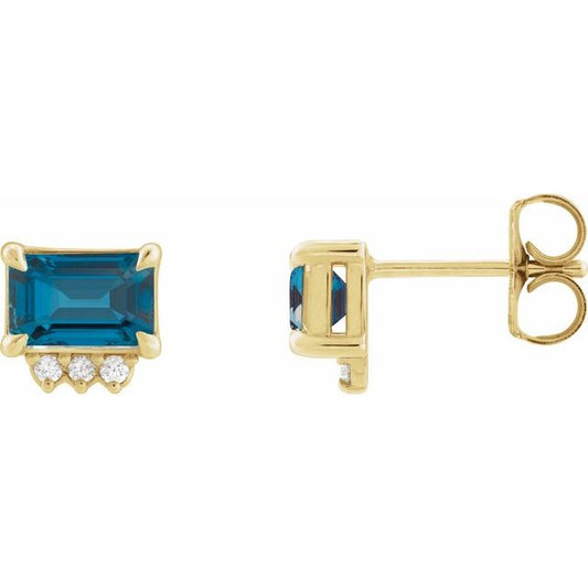 14K Yellow Gold Emerald 6 X 4 Mm Friction Backs Polished Natural London Blue Topaz And .05 Ctw Natural Diamond 4-Claw Prong Earrings