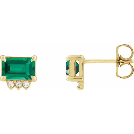 14K Yellow Gold Emerald 5 X 3 Mm Friction Backs Polished Lab-Grown Emerald And .04 Ctw Natural Diamond 4-Claw Prong Earrings
