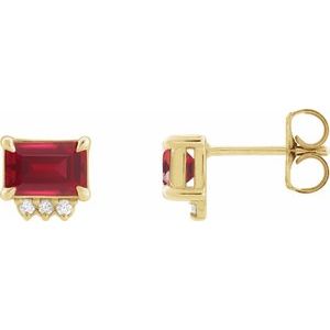14K Yellow Gold Emerald 5 X 3 Mm Lab-Grown Ruby And .04 Ctw Natural Diamond 4-Claw Prong Earrings