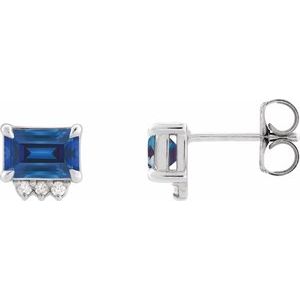 14K White Gold Emerald 5 X 3 Mm Lab-Grown Blue Sapphire And .04 Ctw Natural Diamond 4-Claw Prong Earrings